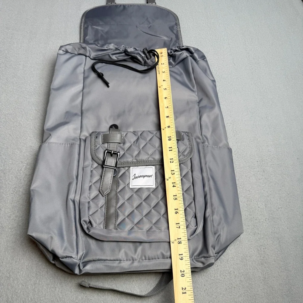 Journeyman Gray Quilted Nylon Drawstring Backpack Magnetic Buckle Straps Travel